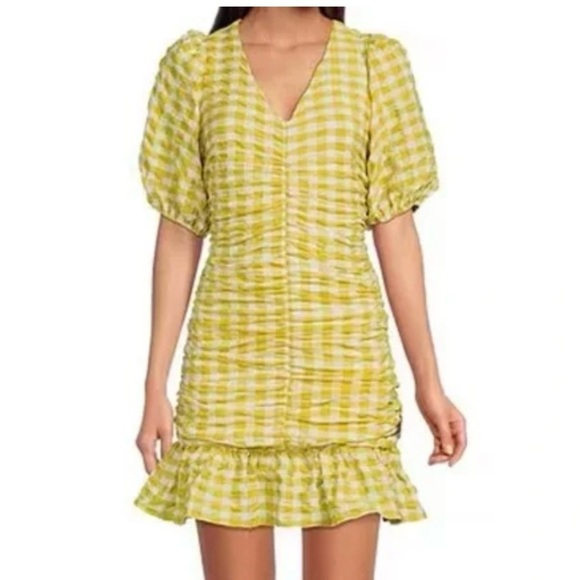 Skies are blue dress v-neck gingham print size small puff sleeve midi Dress - Picture 1 of 9